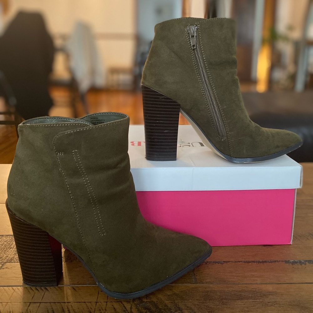 JustFab Olive green block heeled booties. Size 7. Worn, good condition